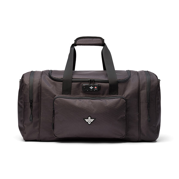 The Erozul Legion Smell Proof Duffel Bag With TSA Combination Lock by Erozul features a black design, front pocket, side compartments, carrying handles, small logo, and Smell Proof technology for secure and fresh storage.